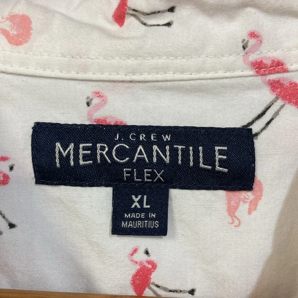J. Crew White Short-Sleeve Button-Down Shirt with Pink Flamingo Print XL